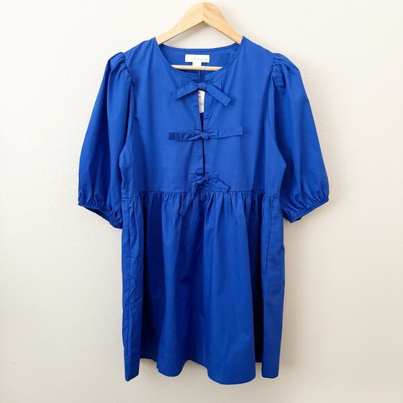 BAND OF THE FREE | Lapis Blue Babydoll Dress Bow Front Puffed Sleeves | Large - Picture 2 of 8
